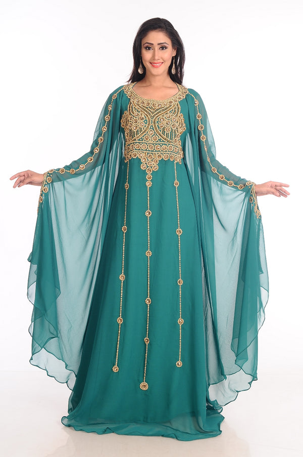 Teal Zari Work Stones & Beads Embellish Georgette Islamic Style Arabian Maxi Partywear Kaftan