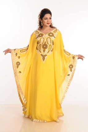 Yellow Zari Work Georgette Islamic Style Party Wear Stones And Beads Embedded Arabian Kaftan