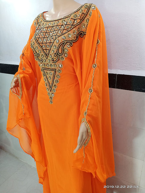 orenge georgette moroccan kaftan with zari and stone work