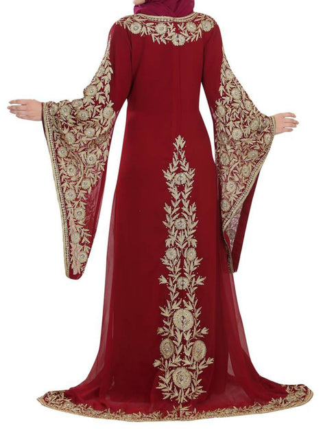 red georgette moroccan islamic dubai kaftan farasha aari and stone work dress