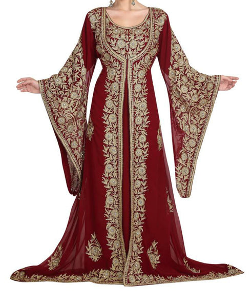 red georgette moroccan islamic dubai kaftan farasha aari and stone work dress