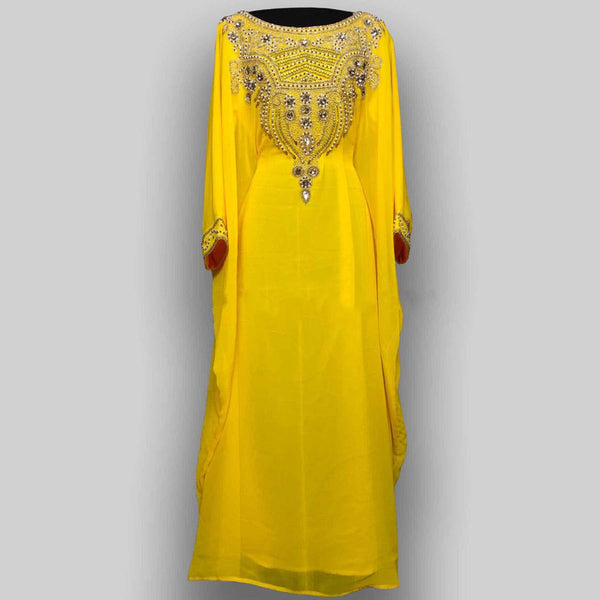 Yellow Handcrafted Zari work Stitched Georgette Kaftan Party Dress