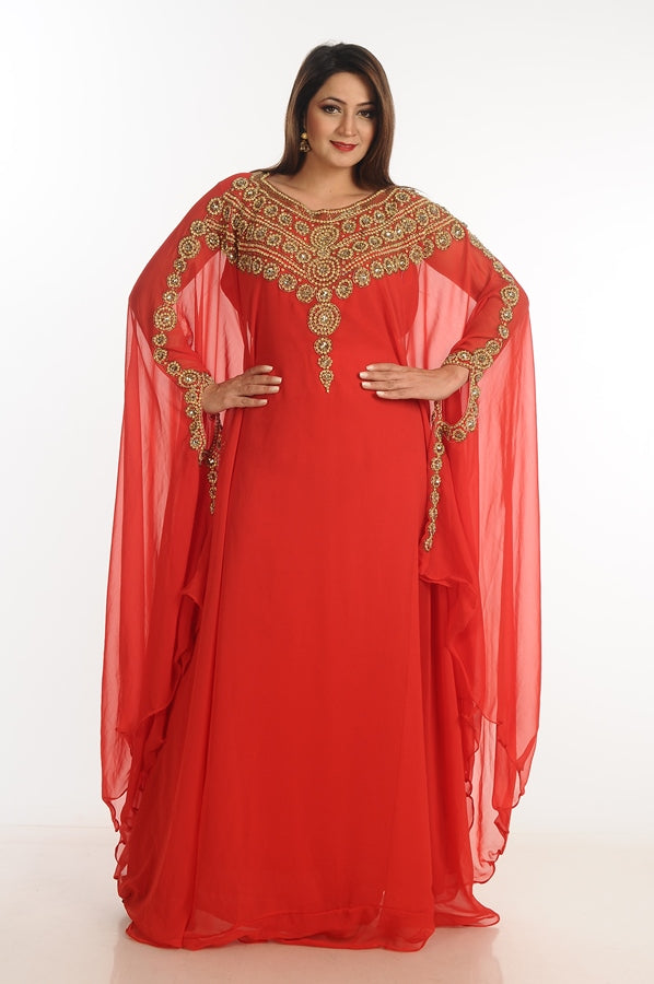 Maroon Zari Work Georgette Islamic Style Party Wear Stones And Beads Embedded Arabian Kaftan