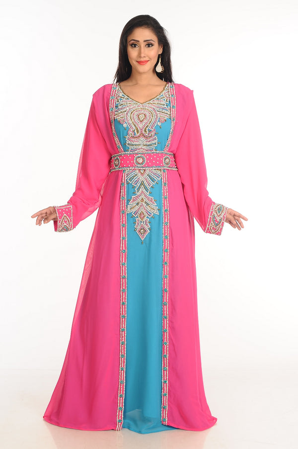 Multicolor Zari Work Stones & Beads Embellish Georgette Islamic Style Arabian Maxi Partywear Kaftan
