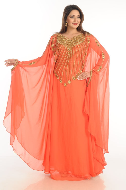 Red Zari Work Georgette Islamic Style Party Wear Stones And Beads Embedded Arabian Kaftan