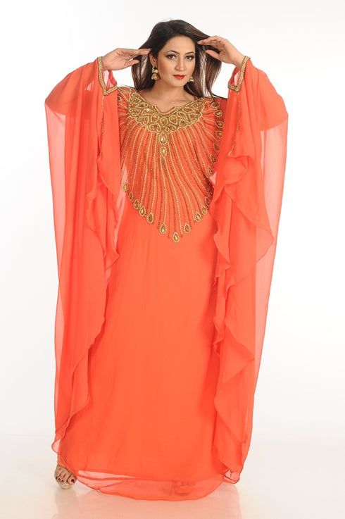 Red Zari Work Georgette Islamic Style Party Wear Stones And Beads Embedded Arabian Kaftan