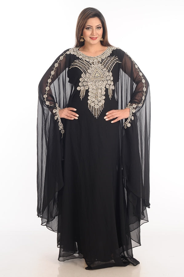 Black Zari Work Georgette Islamic Style Party Wear Stones And Beads Embedded Arabian Kaftan