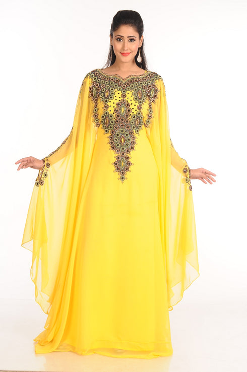 Yellow Georgette Zari Work Partywear Kaftan