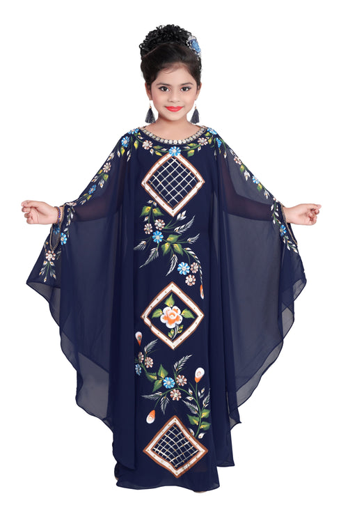 Navy Blue Georgette Hand Embroidered Zari Work Kids Kaftans Party Wear Dresses