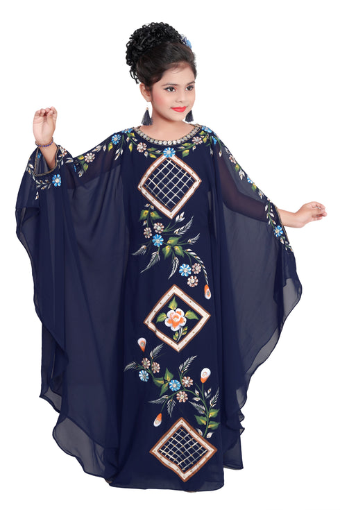 Navy Blue Georgette Hand Embroidered Zari Work Kids Kaftans Party Wear Dresses