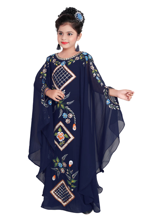Navy Blue Georgette Hand Embroidered Zari Work Kids Kaftans Party Wear Dresses