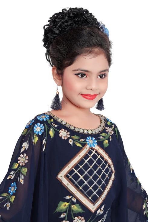 Navy Blue Georgette Hand Embroidered Zari Work Kids Kaftans Party Wear Dresses