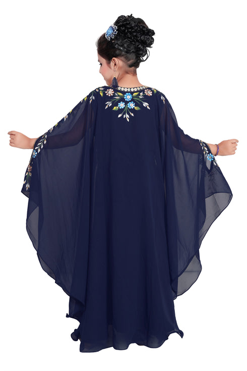 Navy Blue Georgette Hand Embroidered Zari Work Kids Kaftans Party Wear Dresses