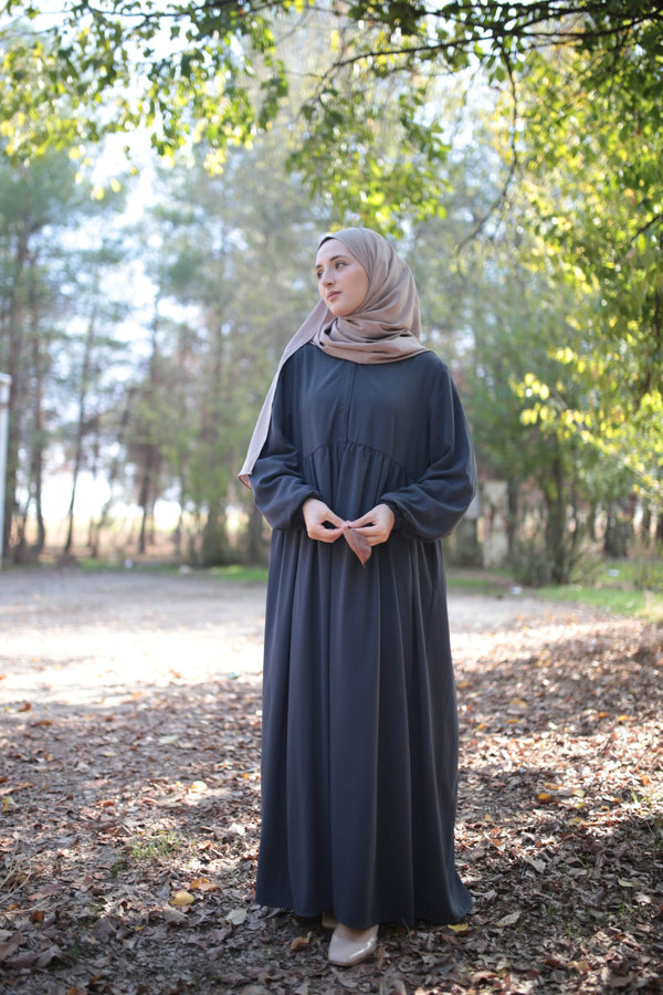 Black Color Abaya with Upper Zipper, Gathered Waist, and Elasticated Sleeves in Firdaus Fabric