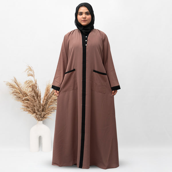 A-line Front Open Double Pocket Abaya in Brown Color