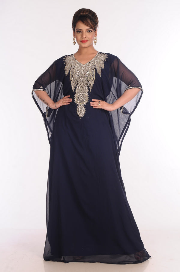 Georgette Navy Blue Embroidered Islamic Kaftans