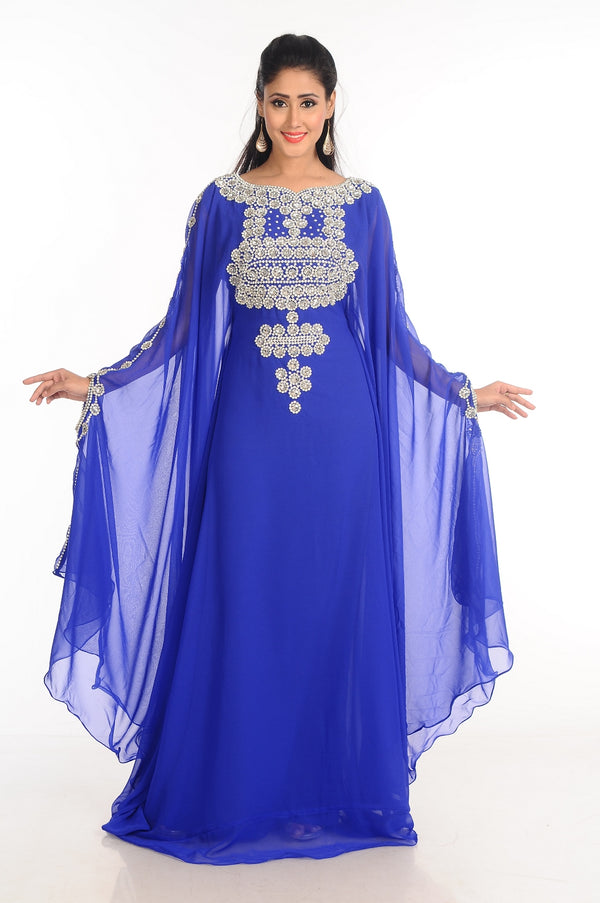 Blue Zari Work Stones & Beads Embellish Georgette Islamic Style Arabian Maxi Partywear Kaftan