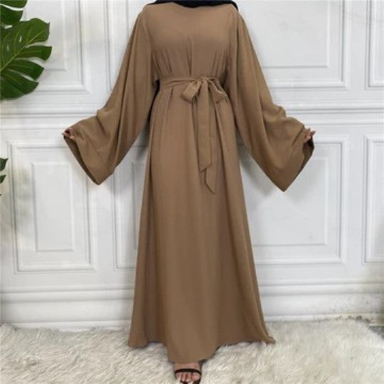 Plan Abaya with Belt and Large Sleeve Beige Color with Dupatta in Firdous Material