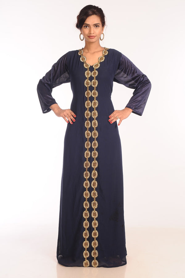 Navy Blue Georgette Hand Woven Stitched Islamic Kaftans