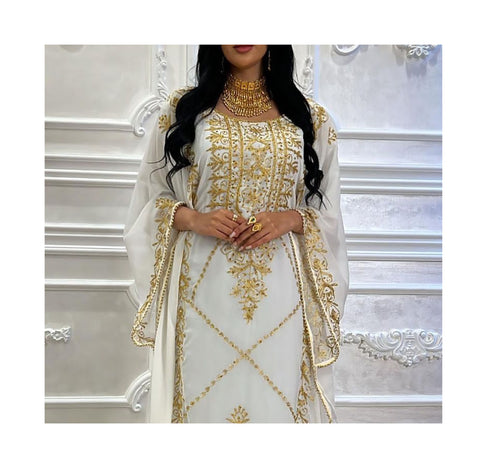Grand White Kaftan Gown with Gold Stone and Zari Work | Luxury Event Wear