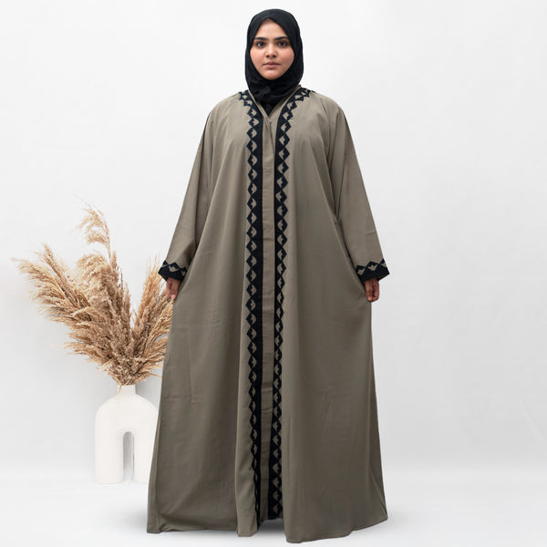 A-Line Front Open Patch Work Abaya in Beige Color With Hijab