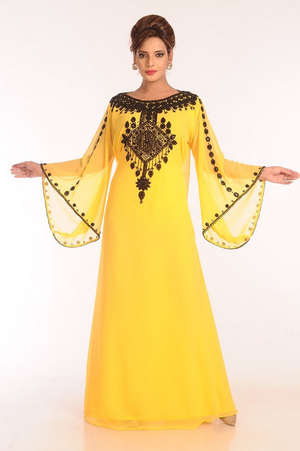 Yellow Georgette Embroidered Stitched Islamic Kaftans