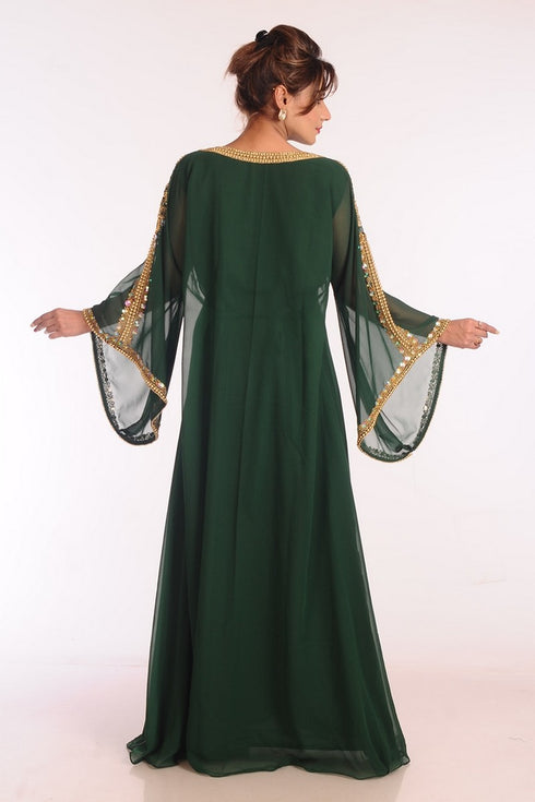 Emerald Green Georgette Kaftan with Heavy Gold Embroidery