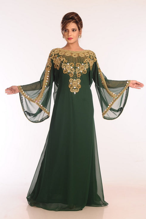 Emerald Green Georgette Kaftan with Heavy Gold Embroidery
