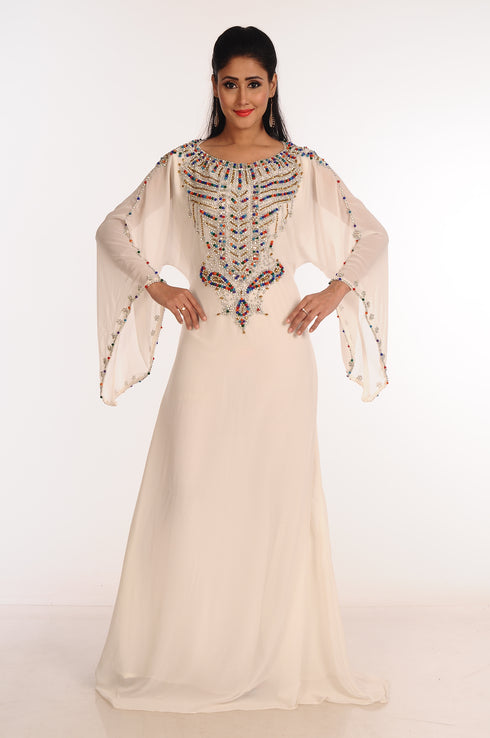 Off White Zari Work Stones & Beads Embellish Georgette Islamic Style Arabian Maxi Partywear Kaftan