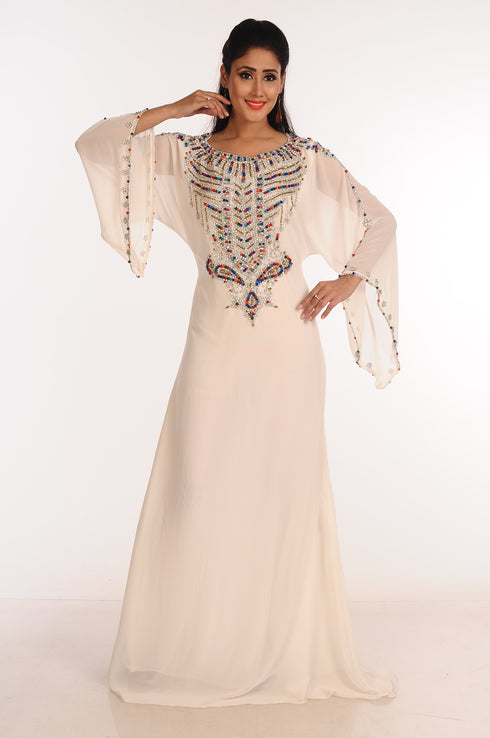 Off White Zari Work Stones & Beads Embellish Georgette Islamic Style Arabian Maxi Partywear Kaftan
