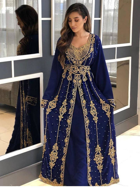Navy Blue Georgette Stone and Zari Work Wedding Kaftan
