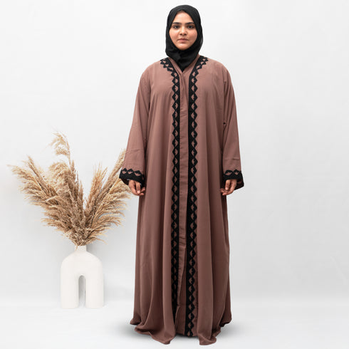 A-Line Front Open Patch Work Abaya in Brown Color With Hijab