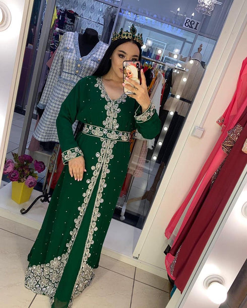 Green Handcrafted Zari work Stitched Georgette Kaftan Party Dress