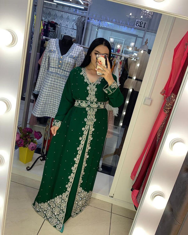 Green Handcrafted Zari work Stitched Georgette Kaftan Party Dress
