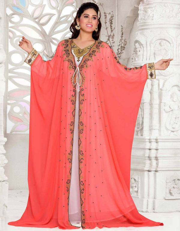 Peach-White Zari & Stone Work Stitched Georgette Kaftan Wedding Dress