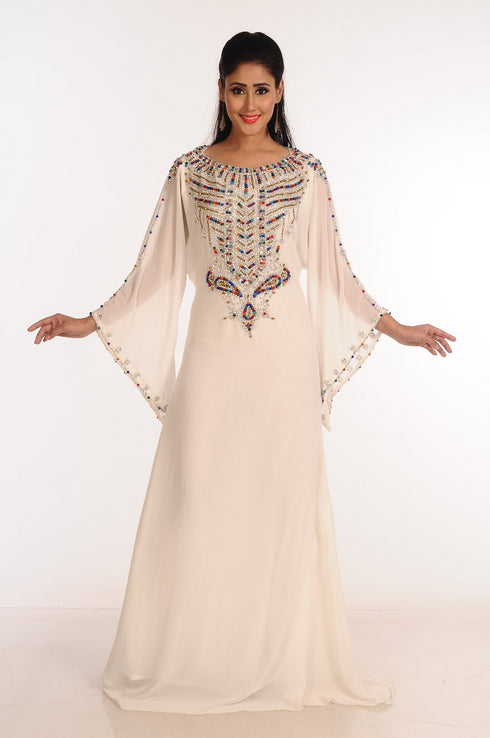 Off White Zari Work Stones & Beads Embellish Georgette Islamic Style Arabian Maxi Partywear Kaftan
