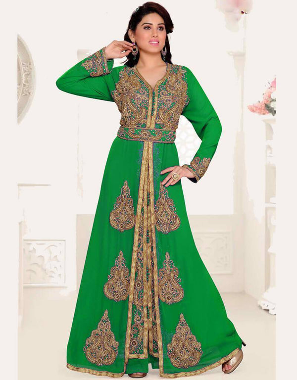 Green Zari & Stone Work Stitched Satan Kaftan Wedding Dress
