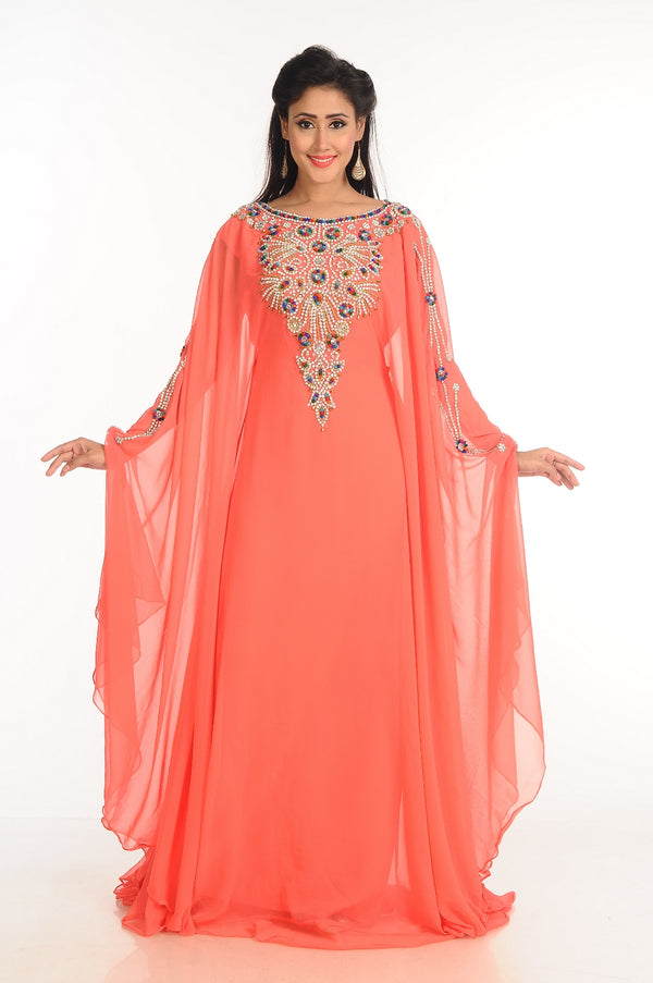 Peach Zari Work Stones & Beads Embellish Georgette Islamic Style Arabian Maxi Partywear Kaftan