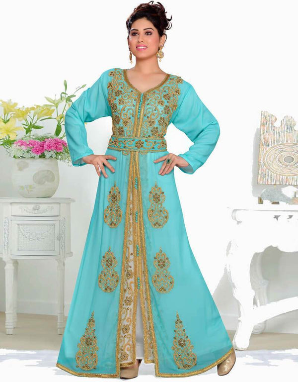 Sea Green Zari & Stone Work Stitched Satan Kaftan Wedding Dress
