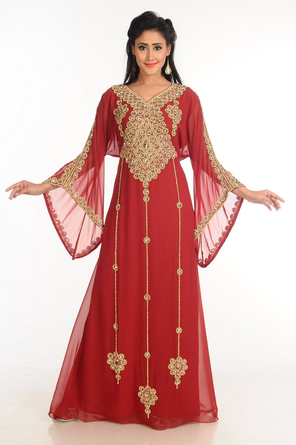 Maroon Zari Work Stones & Beads Embellish Georgette Islamic Style Arabian Maxi Partywear Kaftan