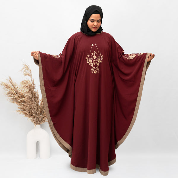 3 Boota Embroidery Kaftan Abaya in Maroon Color With Hijab