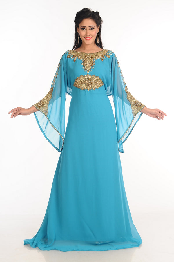 Turqoise Zari Work Stones & Beads Embellish Georgette Islamic Style Arabian Maxi Partywear Kaftan