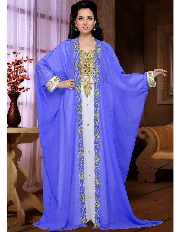 Purple-White Zari & Stone Work Stitched Georgette Kaftan Wedding Dress