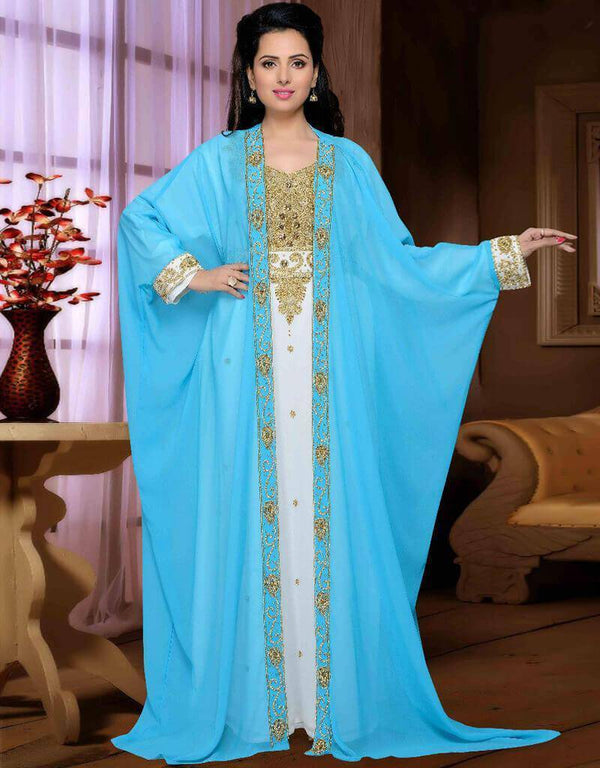 Sky Blue-White Zari & Stone Work Stitched Satan Kaftan Wedding Dress