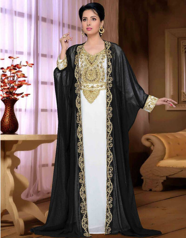 Black-White HandCrafted Zari & Stone work stitched Georgette Kaftan Wedding dress