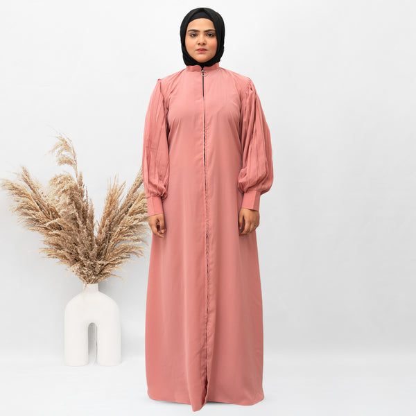 Front Open Zip Pintuck Sleeves Abaya in Pink Color With Hijab