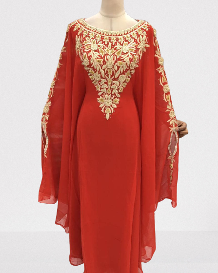 Red Ari Stone Work Georgette Islamic Style Beads Embedded Partywear Kaftan Long Gown Evening wear Dubai kaftan