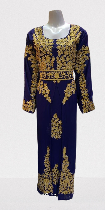 Blue Ari Stone Work Georgette Islamic Style Beads Embedded Partywear Kaftan Long Gown Evening wear Dubai kaftan