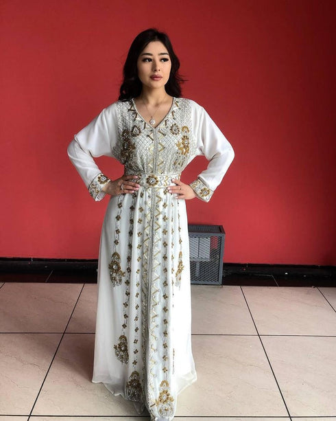 White Zari Stone Work Georgette Islamic Style Beads Embedded Partywear Kaftan Long Gown Evening wear Dubai kaftan