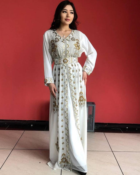 White Zari Stone Work Georgette Islamic Style Beads Embedded Partywear Kaftan Long Gown Evening wear Dubai kaftan
